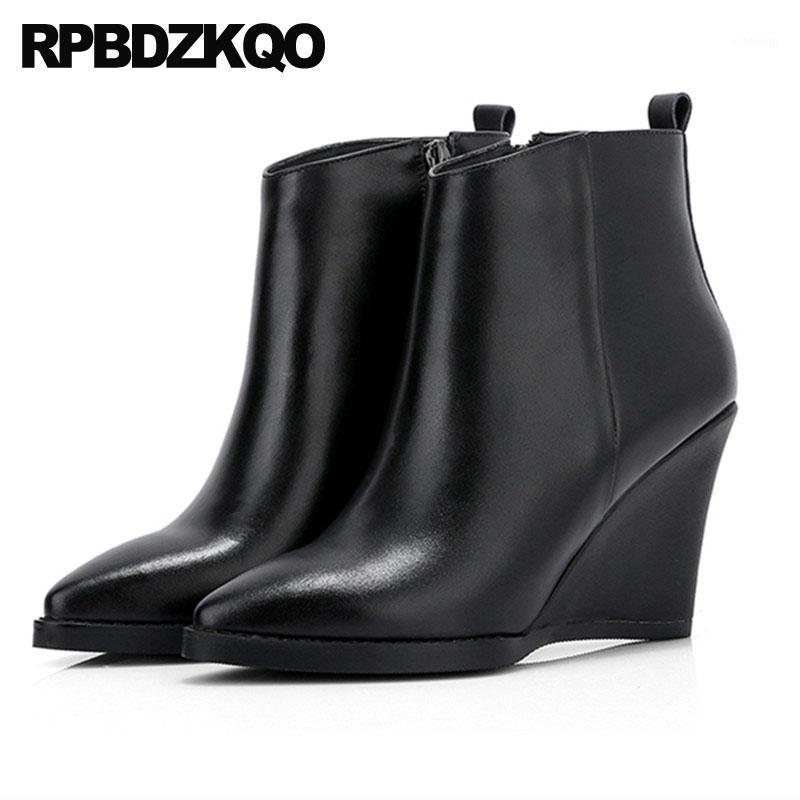 

fall fashion wedge 9 genuine leather beige 2020 boots autumn winter shoes women black ankle pointed toe high heel1