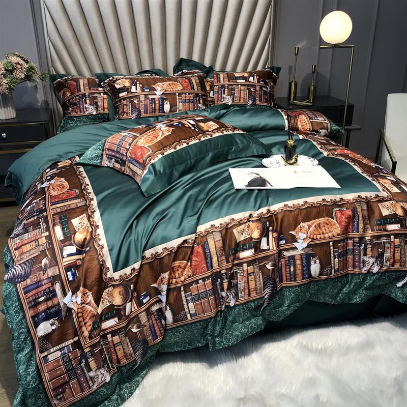 

American Retro Green Duvet Cover Set For Home Tribute Silk Bedding Set Luxury Bed Cover Digital Printing Quilt Pillowcase