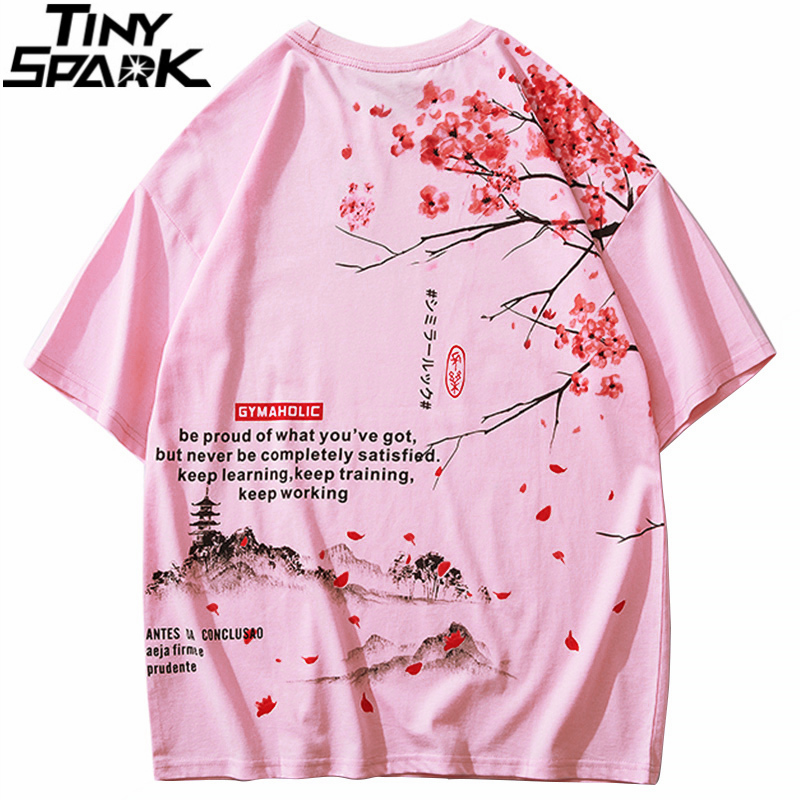

Men Hip Hop T Shirt 2020 Streetwear Japanese Sakura Painting Tshirt Short Sleeve Cotton Summer Harajuku T-Shirt Japan Style Pink 1005, White;black