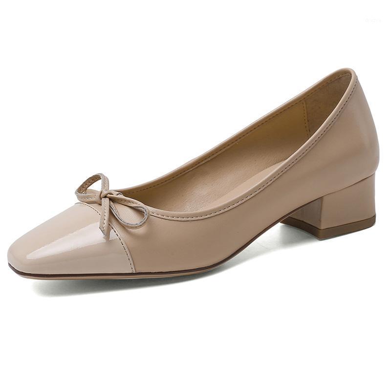 

3.5 cm Heels Women Sheepskin Spring Autumn Pumps G105 Ladies Bowknot Square Toe Shoes TPR Mid Heels1, Apricot