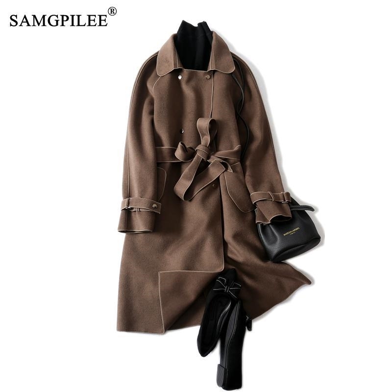Coats Women Winter Elegant Full Sleeve Long Solid Turn-down Collar Double Breasted Slim Office Lady Woolen Coats Woman 3XL 201111