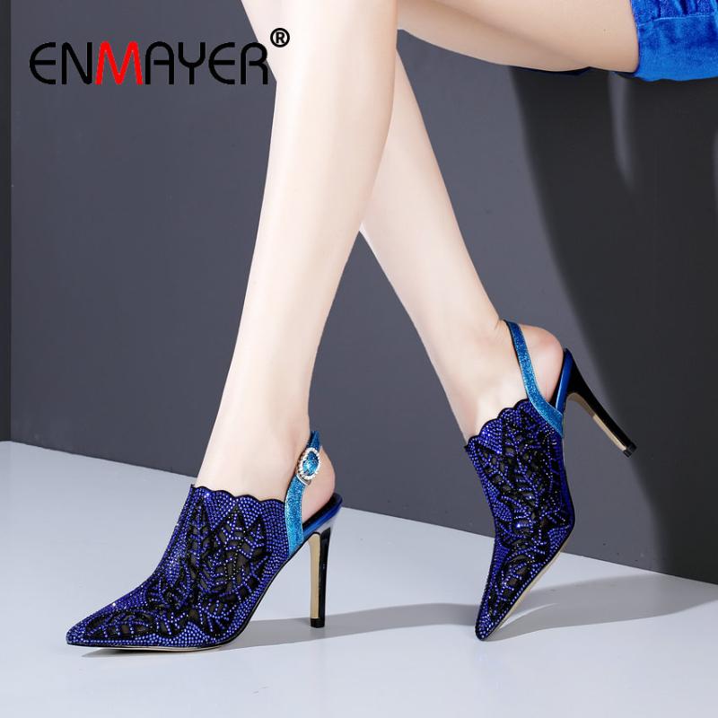

ENMAYER 2020 Basic Patent Leather Party Buckle Strap Luxury Shoes Women Sexy Women Shoes High Heel Pointed Toe Thin Heels Pumps, Blue