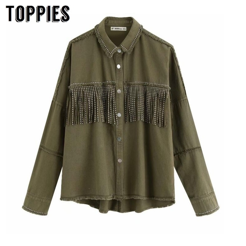 

Toppies Spring tassels for breast Denim Jacket Loose Army Green Button Coat Woman Jeans Jacket Irregular Hem Streetwear 201120