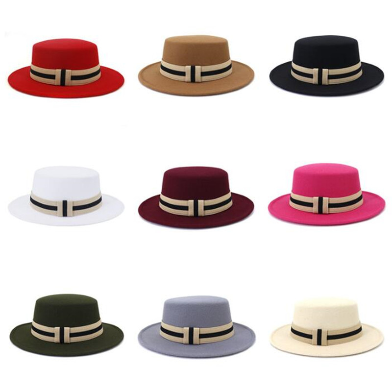 

Flat Fedora Hat Women Men Wide Brim Hats Woman Felt hat Female Fedoras Man Casual Cap Male Top Caps Autumn Winter Fashion Accessories Wholesale, Leave message colors
