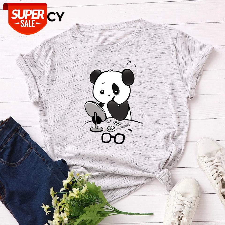 

JFUNCY Summer Women T Shirt Panda Put on Makeup Fashion Female T-shirt 100% Cotton O-Neck Short Sleeve T-Shirts New Casual Tops #jv2q, White