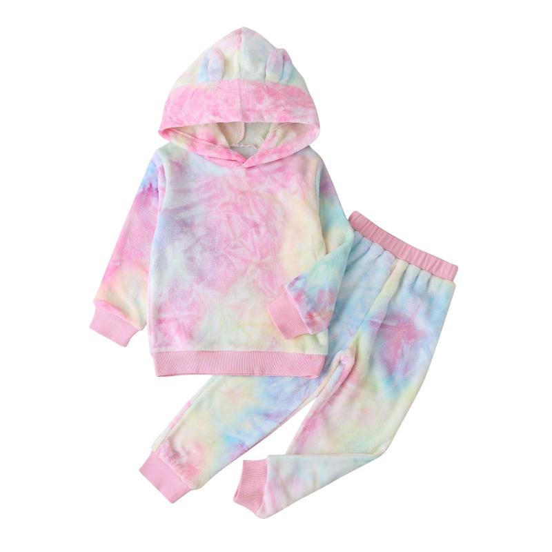 

1-6T Fashionable clothing Autumn new products girls tie-dye color long-sleeved hooded loose sweater casual fleece trousers suit, Pink
