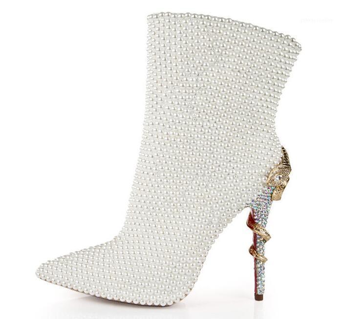 

New sexy whole pearls pointed toe gold metal snake high heel woman ankle boots diamonds gold snake stiletto pearls beading boots1, As pic