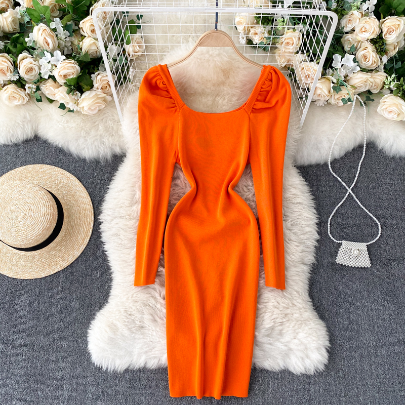 

2021 New Thin female singiny mesh pencil dress puff-neck elastic warm winter jumper nightgown VZ9Z, Pink