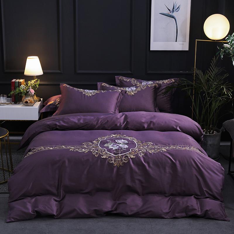 

600TC Cotton Bedding Sets Queen King Size Embroidery Flowers Duvet Cover Flat/Fitted Sheet With Rubber Pillowcase