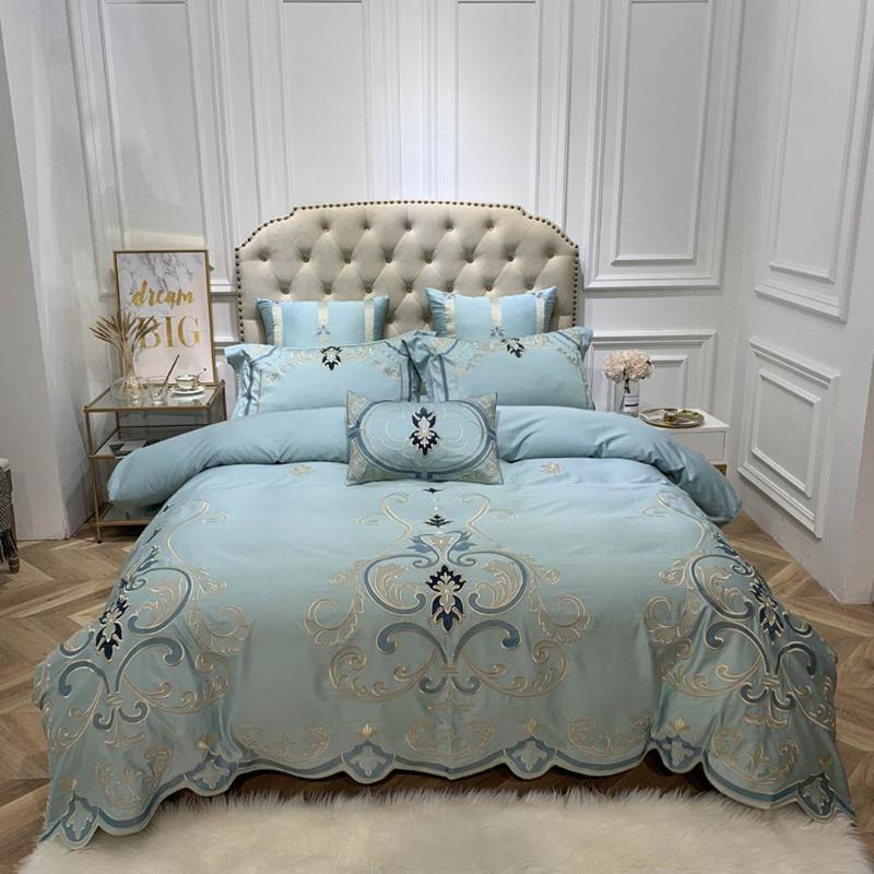 

Papa&Mima Blue Golden European Egyptian Cotton Oriental Bedding Sets Queen King Size Embroidery Duvet Cover Set Sheets Bedlinen, 20205043