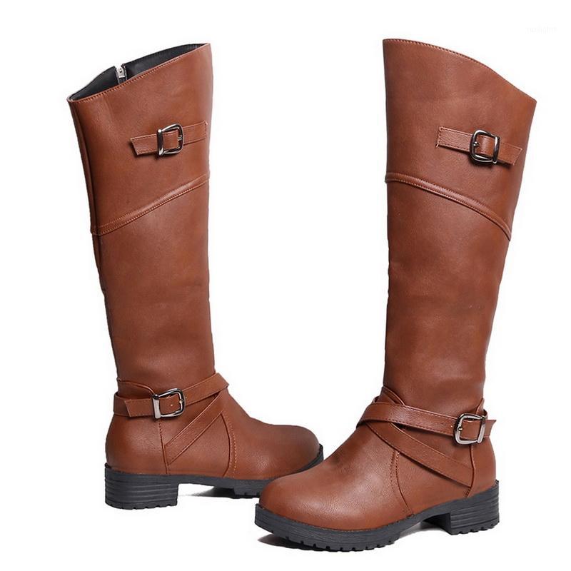 

Long Boots Autumn Winter PU Leather Over-the-knee Women Boots Retro Buckle Srtap Snow Zippers Women Knee High Nice1, Black