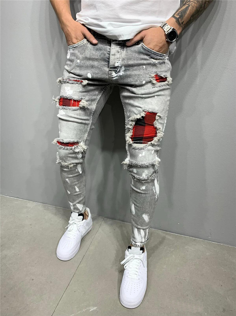 Men jeans Slim-Fit Ripped Pants Patchwork Plaid Paint Washed Jeans Streetwear Hip Hop Hole Pant Trousers-image-413205587
