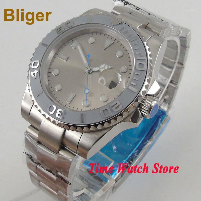 

BLIGER 40mm Automatic wrist watch men waterproof steel bracelet Grey dial luminous date sapphire ceramic Bezel japan B1461, No logo mingzhu