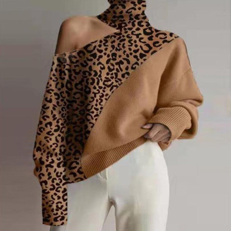 

wild Leopard printed Sweaters Off Shoulder Women' Knitted High Collar Pullover Long Sleeve sueter navideno Splicing Sweaters, Black
