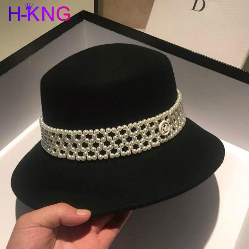 

Stingy Brim Hats White Black Fedora For Women 100% Wool Felt Classic Pearls Band Boater Hat Wide Winter Ladies Adjustable