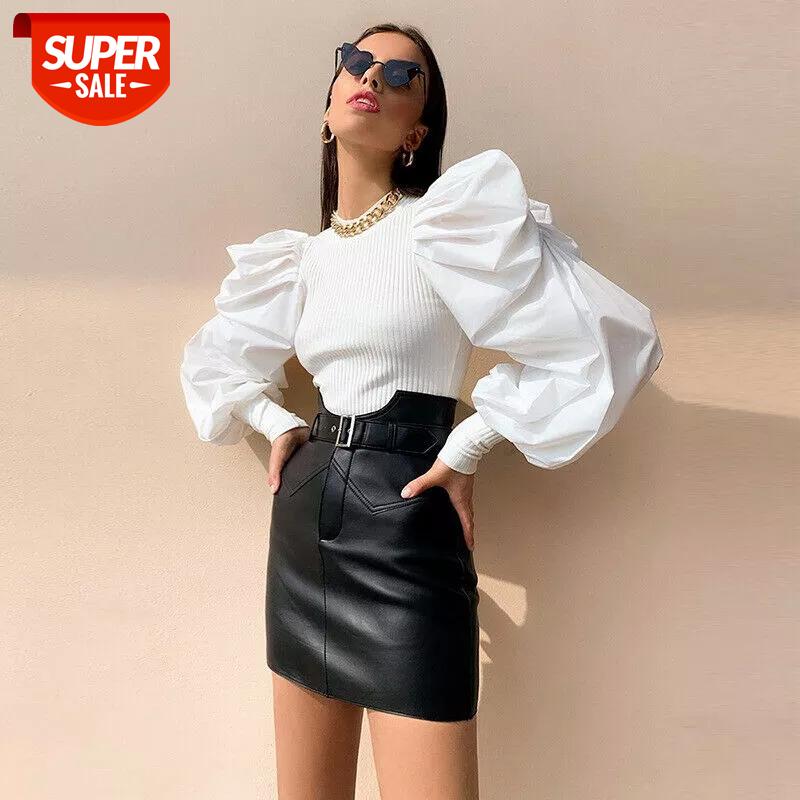 

2020 long puff sleeve patchwork sexy tops autumn winter women fashion party elegant streetwear T-shirts #2a4N, White