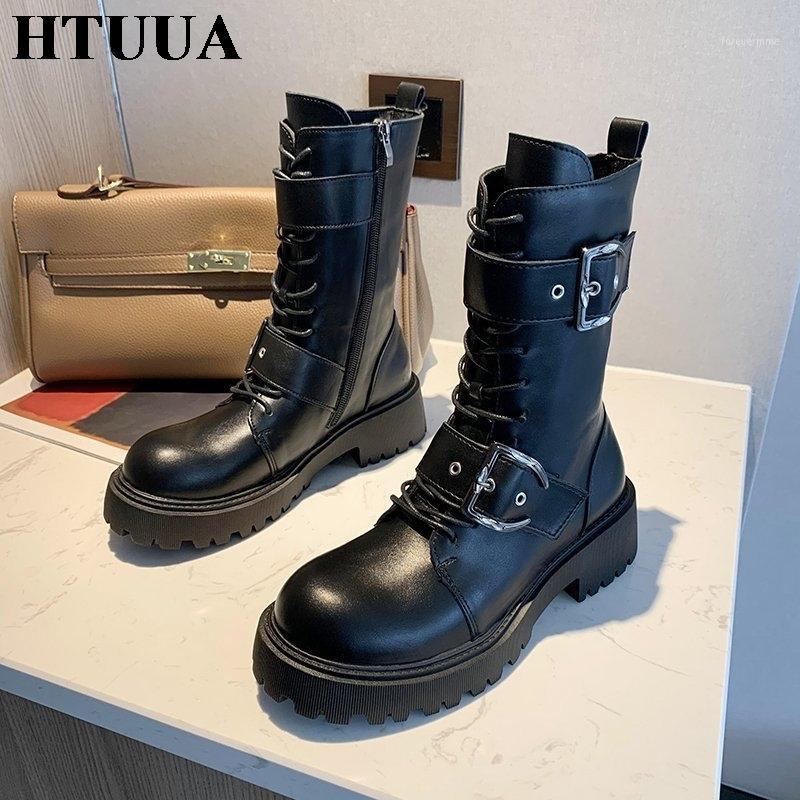 

HTUUA Women's Boots 2020 New Autumn Thick Platform Shoes Ankle Boots For Women Black Casual Buckle Motorcycle S43391, Black a
