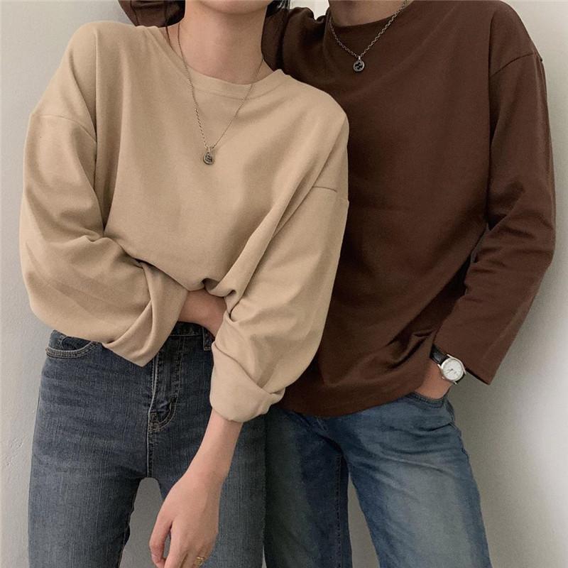 

2021 Autumn Women Oversize T-shirts O Neck Long Sleeve Solid Color Casual T-shirt Pullovers Bottoming Shirt Minimalist Style Top, Black