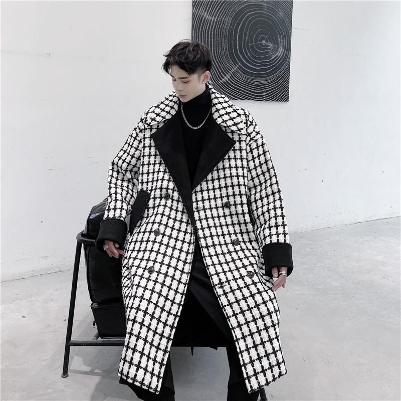 

Male Women Couple Retro Loose Overcoat Jacket Men Double Breasted Long Thick Woolen Plaid Trench Coat Outerwear, 904