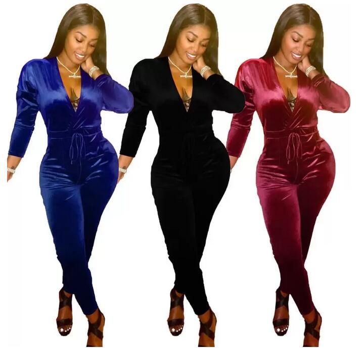 

Women' Jumpsuits & Rompers 7DN8534 Autumn Winter Women Casual Fashion Solid Sexy V-neck Bodycon Velvet Jumpsuit Playsuit Plus Size, Wine