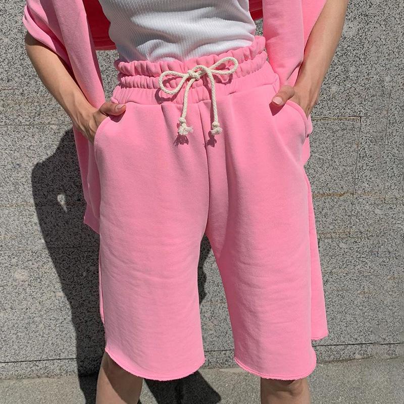 

Gray/Pink Casual Loose Sports Shorts Sportswear Women High Waist Solid Color Drawstring Holiday Homewear Shorts Streetwear