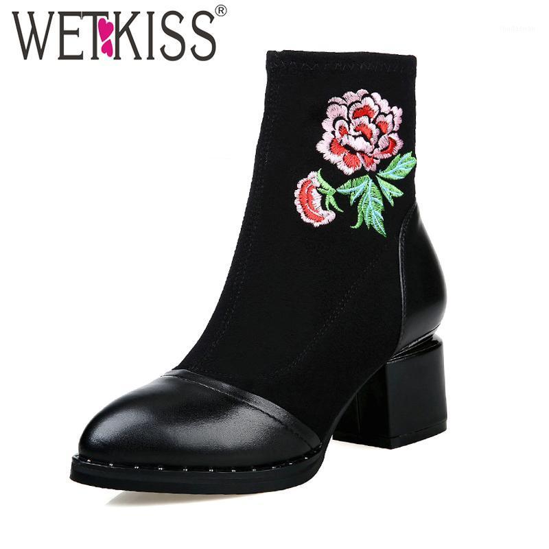 

WETKISS 2020 Natural Leather Rubber Boots Patchwork Embroider Classical Ankle Boots Rivet Women's High Heel Shoes New Arrival1, Black