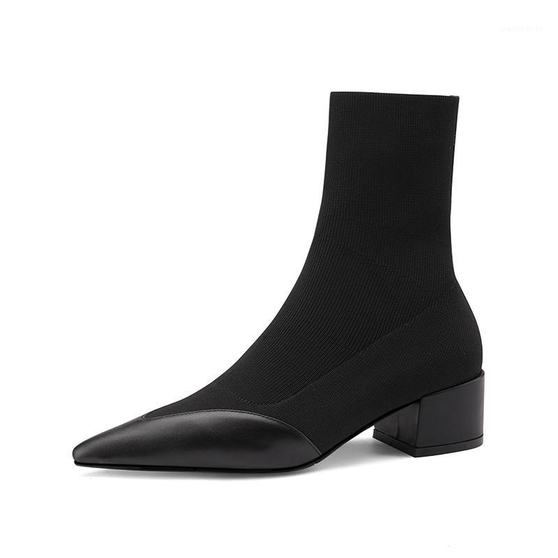 

Genuine Leather knitting Women's Ankle Boots Band poined Toe Thick med Heels women Pumps WorKing casual Shoes Woman1, Black