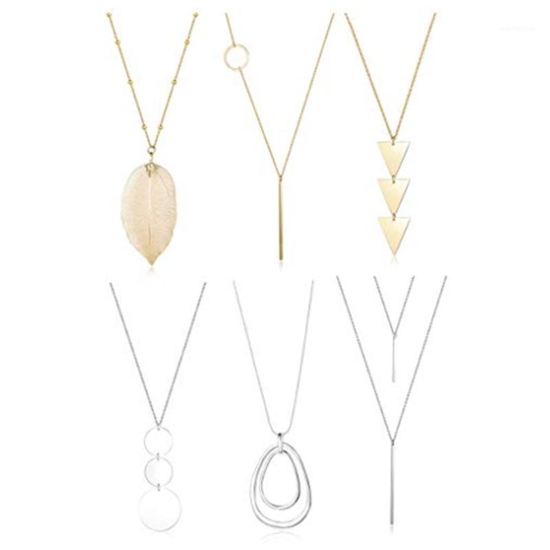 

6 Long Pendant Necklace Sets Round Leaf Y Necklace Declaration Women's1