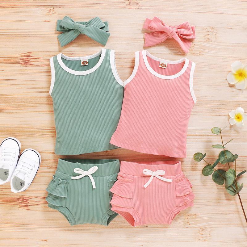 

Baby Summer Clothing Newborn Infant Baby Girl Knitted Clothes Sleeveless Solid Vest Tops+Ruffles Shorts+Headbands 3Pcs Ribbed1, Green