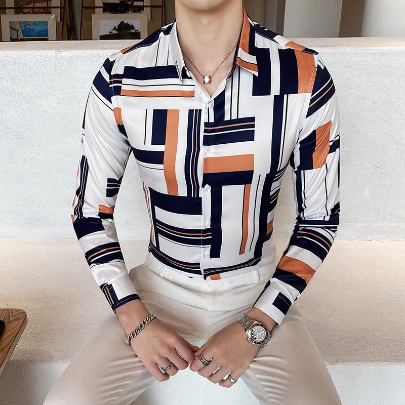 

2020 Spring Summer Streetwear Men Shirts Geometric Print Long Sleeve Lapel Neck High quality Casual Slim fit Shirts Men -4XL