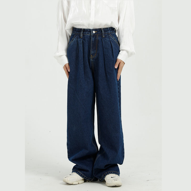 

2020 Men' Retro-casual Legs Drop Brem Straight Japan Streetwear Down Jeans Owko, 168 deep blue
