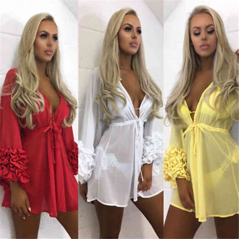 

Women Sexy Beach Cover-up Swim Long Puff Sleeve Bathing Suit Summer Beach Wear Pareo Swimwear Mesh Dress Tunic Robe, White;black