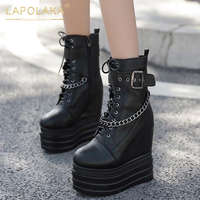 

Lapolaka 2021 New Design Platform Gothic Trendy Boots Woman Shoes Punk Style Chain High Quality Zipper Super Heels Bootie Ladies, Black