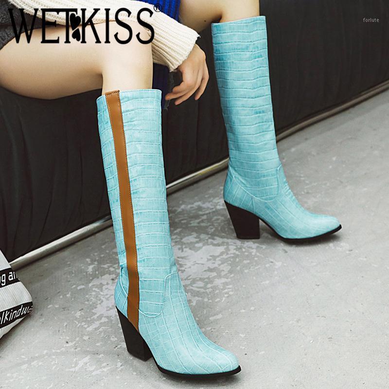 

WETKISS Western Boots Women Cowboy Boot Female High Heels Thick Shoes Ladies Pointed Toe Emboss Pu Shoes Winter 2020 New1, Yellow fur
