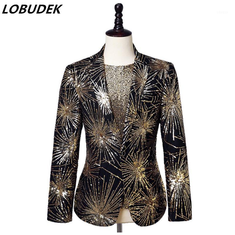 

Punk Style Men' Gold Sequins Embroidery Black Suit Jacket Fashion Popular Hip Hop Singer Host Slim Tuxedo Blazer Stage Costume1, Gold black