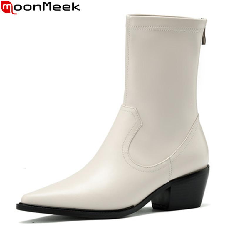 

MoonMeek 2021 Genuine Leather Boots Thick High Heels Pointed Toe Fashion Ankle Boots Autumn Winter Solid Color Women, Black
