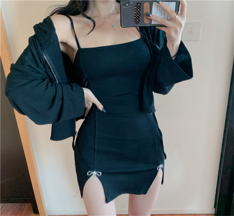 

2021 New 2 Pcs Sexy Women's Clothes Belts Thin Tank Dress Long Sleeve with Hoodie Mini-dress Division Defines Two Streetwear Pieces JOEU, Army green.