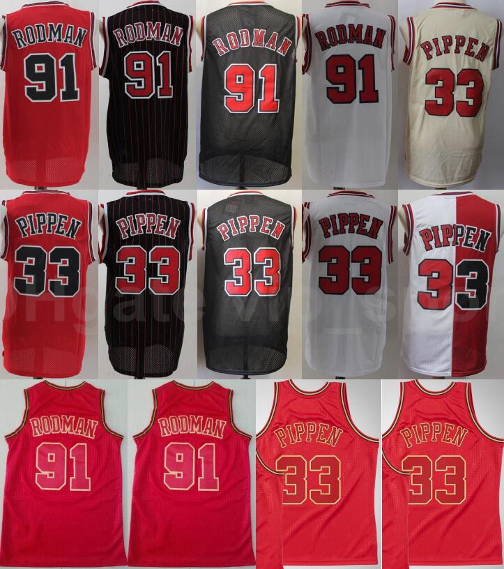 

Men Basketball Dennis Rodman Jersey 91 Scottie Pippen 33 Uniform Pant Short Vintage All Stitched Team Color Away Red Black White Beige
