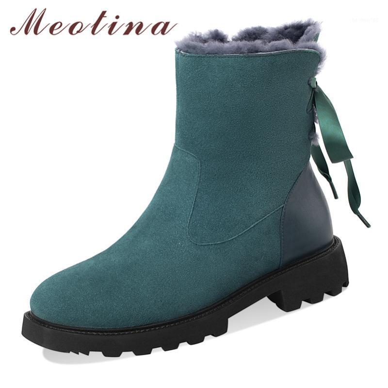 

Meotina Cow Suede Real Leather Platform Mid Heel Snow Boots Bow Warm Women Short Boots Block Heels Zipper Ankle Ladies 401, Green