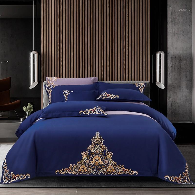 

Blue Gray Luxury Chic Embroidery Duvet Cover Queen King 4Pcs Cotton Soft Bedding Set 1 Duvet Cover 1 Bed Sheet 2 Pillowcases1