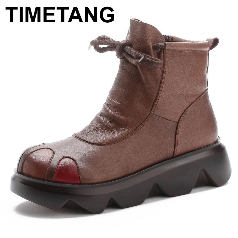 

TIMETANG New Handmade Retro Women Snow Boots Winter Warm Wedge Ankle Boots Women Genuine Leather Platform Warm Shoes Botas Mujer, Without plush black