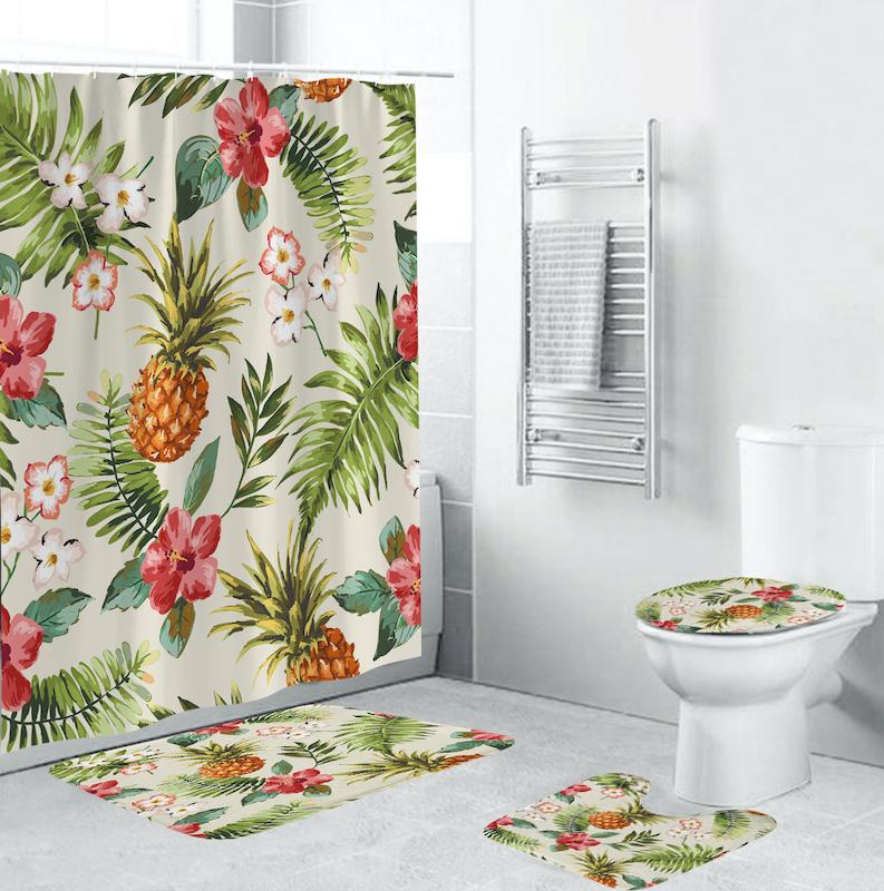 

4 Piece Pineapple Orange Bath Curtain Set Summer Fruit Shower Curtain Toilet Cover Mat Non-Slip Bath Rug Set Bathroom Decor