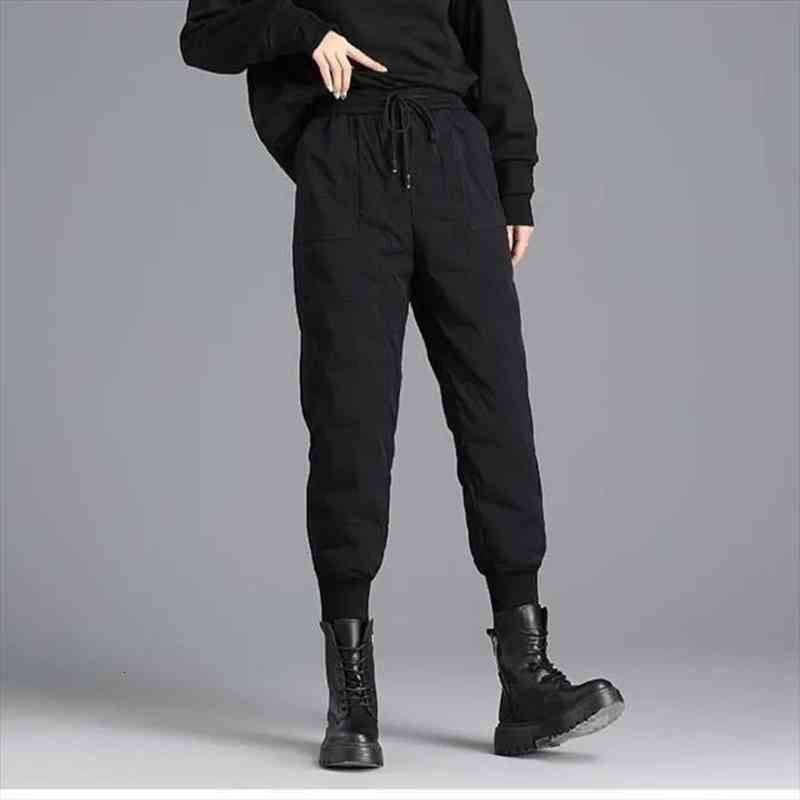 

Winter Warm Down Cotton Pants High Waist Women Plus Thick Fleece Harem Pants Baggy Casual Fashion Skinny Black Lace Up, Black;white