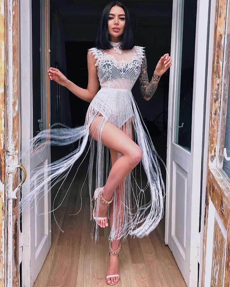 

BE HYGGE 2020 Sexy Spring and Summer Fashion New Tassel Playsuit Lace See Through Glitter Tassel Bodysuit, Black