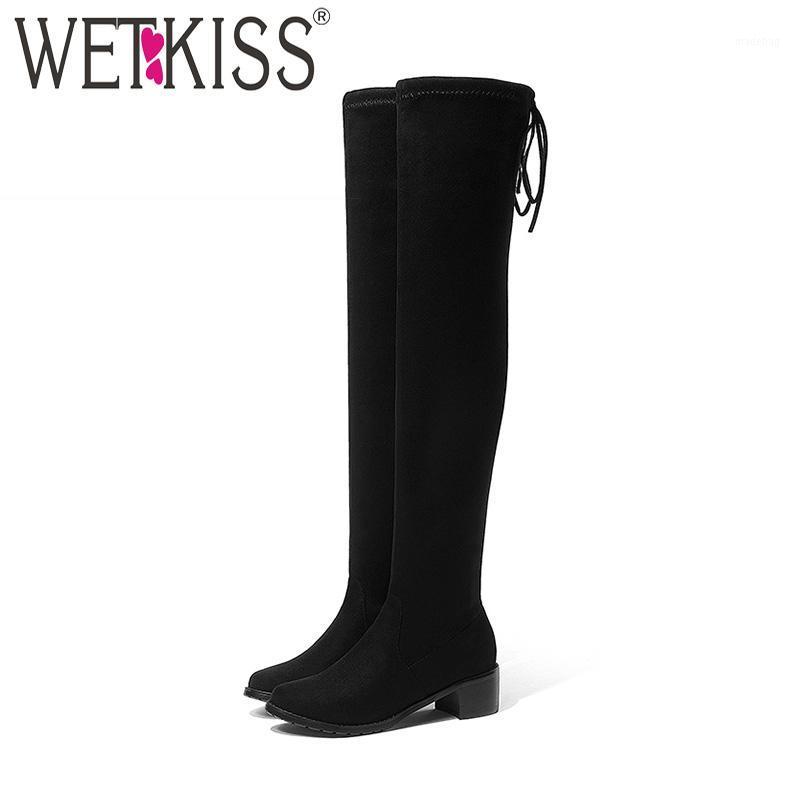 

WETKISS Big Size 34-43 Female Sexy Stretch Over Knee Boot Faux Suede Square Heel Thigh High Boot Lady Winter Shoe Woman Footwear1, Red