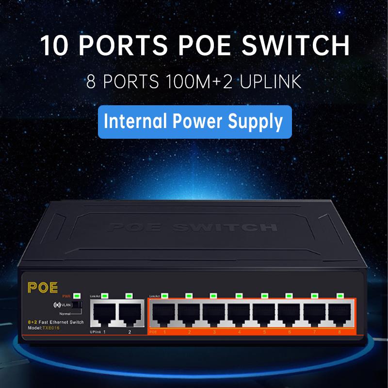 

8+2 Ports POE 100 Mbps Switch With Internal Power Supply Monitoring Camera Wireless Lighting VLAN 10-port POE Switch