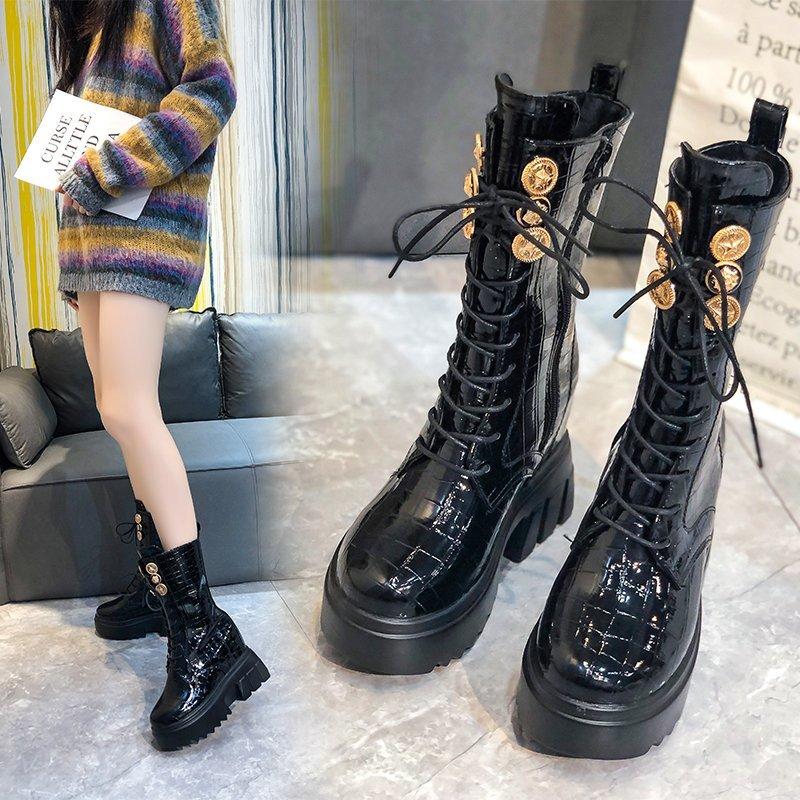 

Inner Increase Women's Boots Autumn and Winter New Solid Color PU High-top Women's Boots Black All-match Platform Shoes