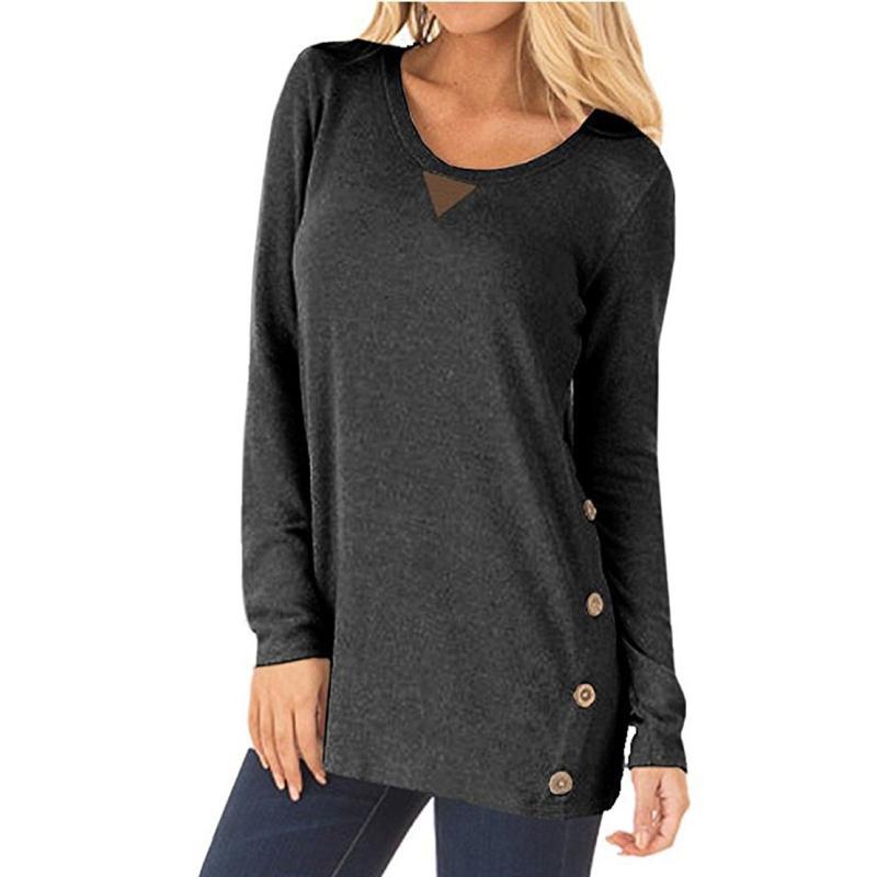 

Female Casual Solid Color Clothing Tops Women Long Sleeve Button Patch Plus Size T-Shirts O-Neck S-3XL Shirts Camisetas # 06, Gn
