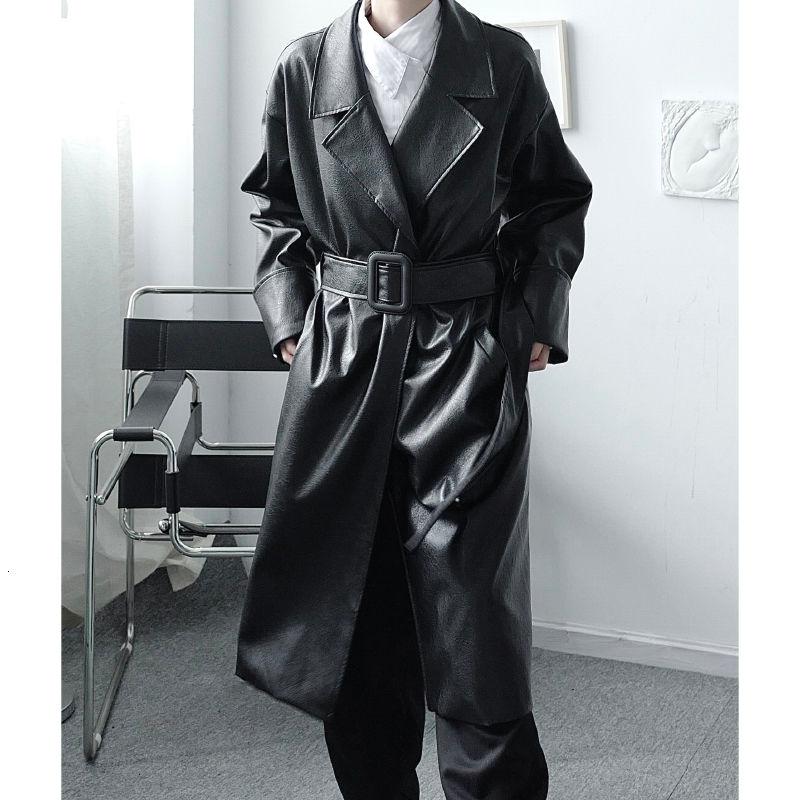 

IEFB / men' wear autumn winter mid-length waist buckle PU leather windbreaker fashion Korean casual loose trench coat 9Y4115, Black
