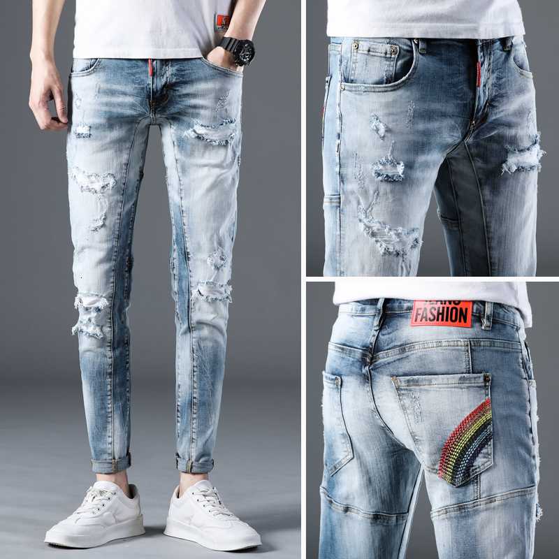 

2021 New Thin Elastic Men's Breeches Pants Hip-hop Embroidered Cotton Summer Blue Spring IRCG, Sky blue.